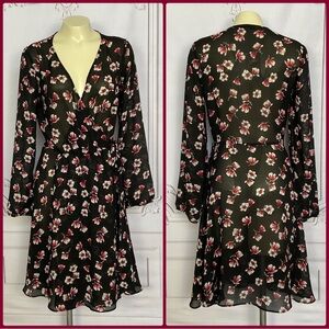 Lark & Ro Black Semi Sheer Long Sleeve Side Tie Wrap Dress Flirty & Flowing Sm